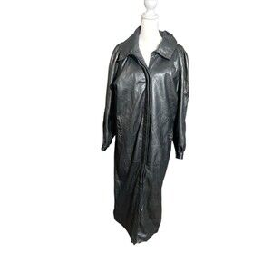 Vintage Ann Taylor Black Leather Maxi Duster Coat Dolman Sleeve Sz M